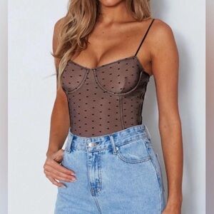 White Fox Boutique Brown Sheer Polka Dot Spaghetti Strap Bodysuit